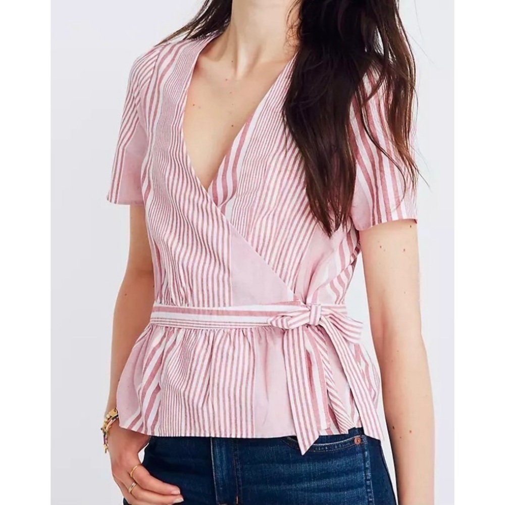 Madewell Cotton Ruffle-Hem Wrap Short Sleeve Top Stripe‎ Mix XS